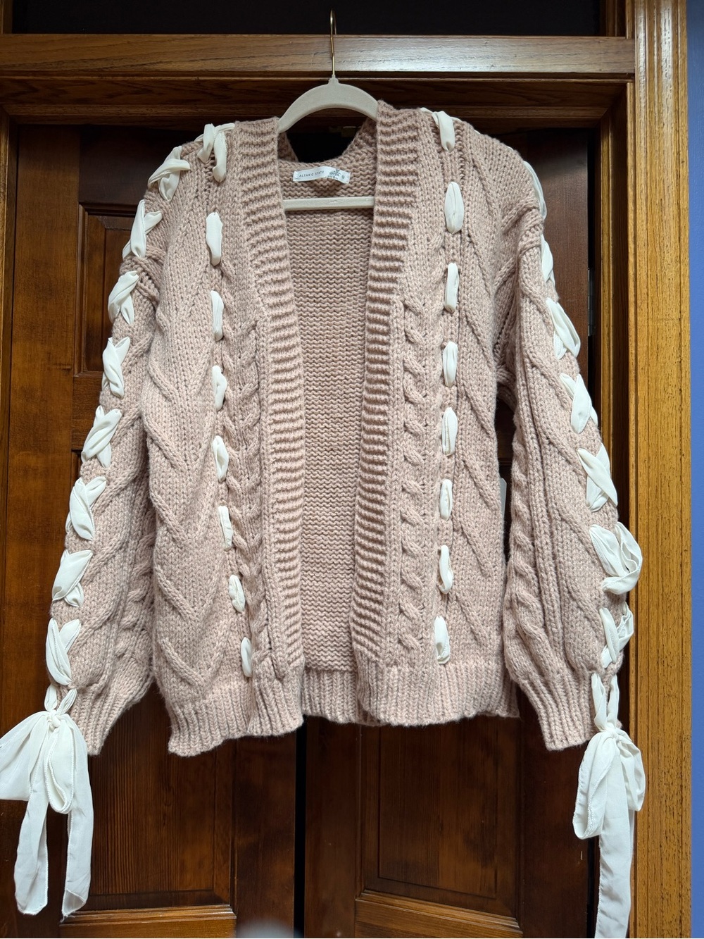 Altar'd State Callie Ribbon Chunky Cable-Knit Cardigan in Taupe and Ivory